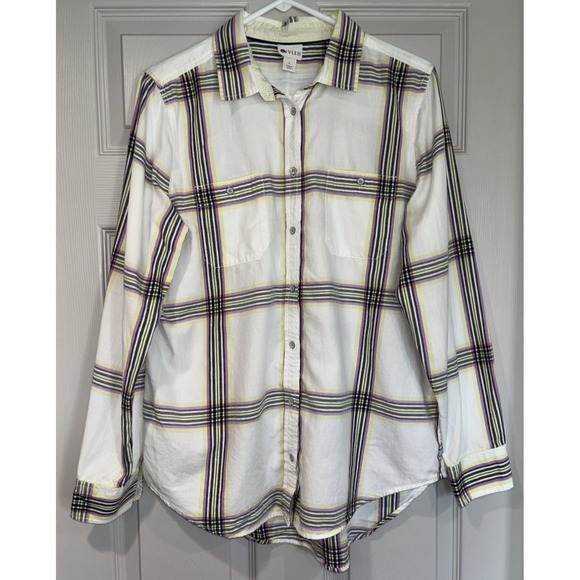 Stylus Plaid Button‎ Up Shirt Women's Size L Long Sleeve White Purple Yellow - Picture 1 of 11